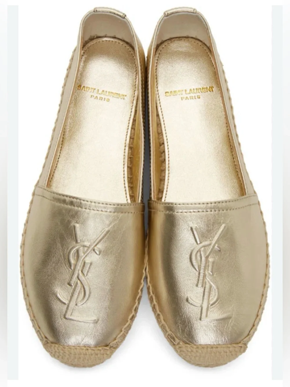Yves Saint Laurent Gold Leather Monogram Espadrilles size 37.5